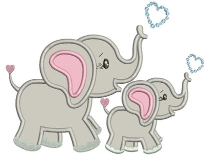 Two Cute Elephants With Hearts Applique Machine Embroidery Design Digitized Pattern