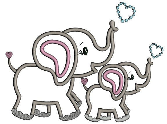 Two Cute Elephants With Hearts Applique Machine Embroidery Design Digitized Pattern