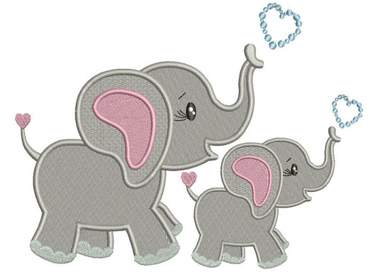 Two Cute Elephants With Hearts Filled Machine Embroidery Design Digitized Pattern