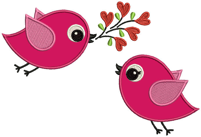 Two Cute Little Birds With a Branch Applique Machine Embroidery Design Digitized Pattern