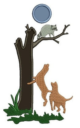 Two Dogs Barking at Coon (Raccoon) Hunter Applique Machine Embroidery Digitized Design Pattern - Instant Download - 4x4 , 5x7, and 6x10