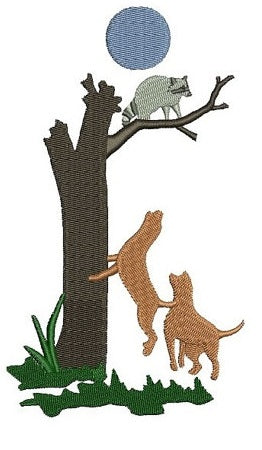 Two Dogs Barking at Coon (Raccoon) Hunter Filled Machine Embroidery Digitized Design Pattern - Instant Download - 4x4 , 5x7, and 6x10