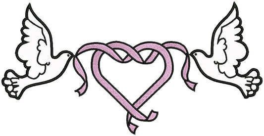 Two Doves Heart Ribbon Valentine's Day Applique Machine Embroidery Design Digitized Pattern