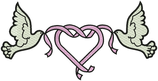 Two Doves Heart Ribbon Valentine's Day Filled Machine Embroidery Design Digitized Pattern