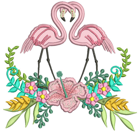 Two Flamingos And Beautiful Flowers Applique Machine Embroidery Design Digitized Pattern