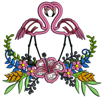 Two Flamingos And Beautiful Flowers Applique Machine Embroidery Design Digitized Pattern