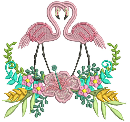 Two Flamingos And Beautiful Flowers Filled Machine Embroidery Design Digitized Pattern