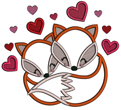 Two Foxes And Hearts Valentine's Day Applique Machine Embroidery Design Digitized Pattern