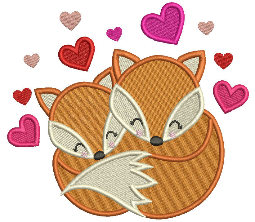 Two Foxes And Hearts Valentine's Day Filled Machine Embroidery Design Digitized Pattern