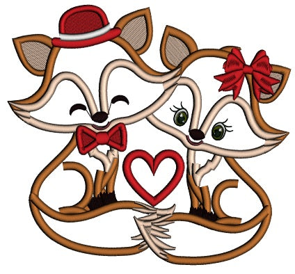 Two Foxes In Love Valentine's Day Applique Machine Embroidery Design Digitized Pattern