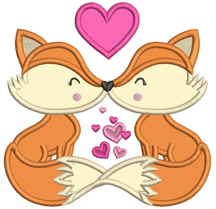 Two Foxes In Love With Hearts Valentine's Day Applique Machine Embroidery Design Digitized Pattern