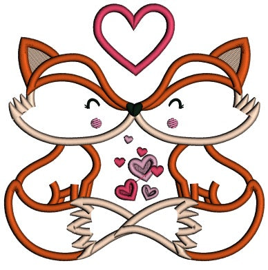 Two Foxes In Love With Hearts Valentine's Day Applique Machine Embroidery Design Digitized Pattern