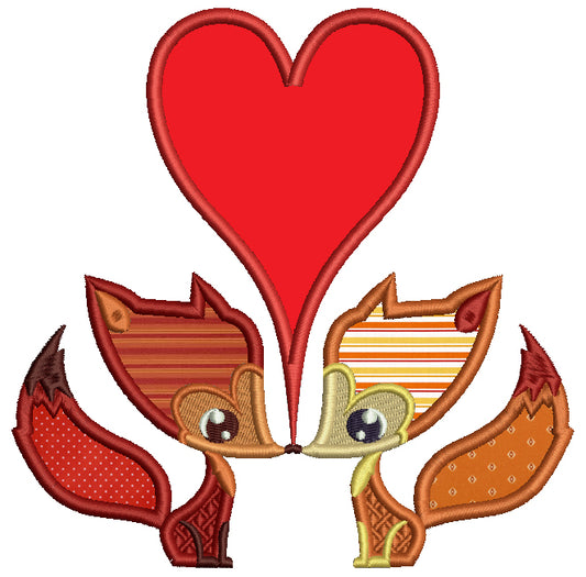 Two Foxes In Love With a Big Heart Applique Machine Embroidery Design Digitized Pattern