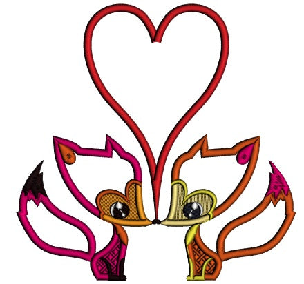 Two Foxes In Love With a Big Heart Applique Machine Embroidery Design Digitized Pattern