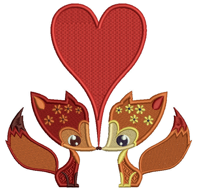Two Foxes In Love With a Big Heart Filled Machine Embroidery Design Digitized Pattern