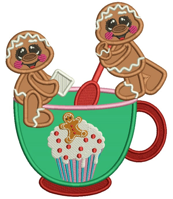 Two Gingerbread Men Mixing Hot Cocoa Christmas Applique Machine Embroidery Design Digitized Pattern
