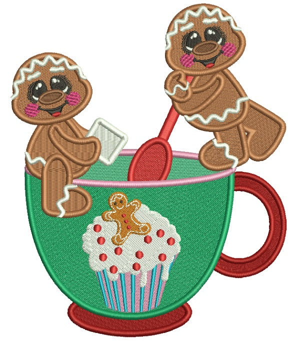 Two Gingerbread Men Mixing Hot Cocoa Christmas Filled Machine Embroidery Design Digitized Pattern