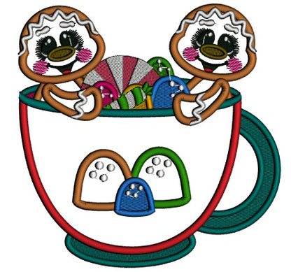 Two Gingerbread Men Sitting Inside a Cup Filled With Candy Christmas Applique Machine Embroidery Design Digitized Pattern