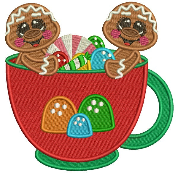 Two Gingerbread Men Sitting Inside a Cup Filled With Candy Christmas Filled Machine Embroidery Design Digitized Pattern