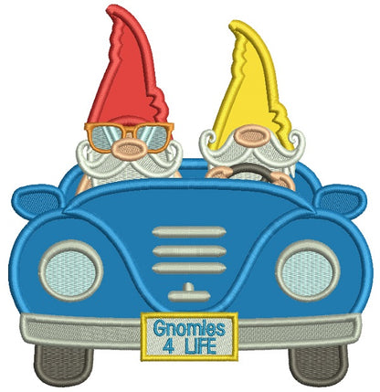 Two Gnomes Driving a Car Applique Machine Embroidery Design Digitized Pattern