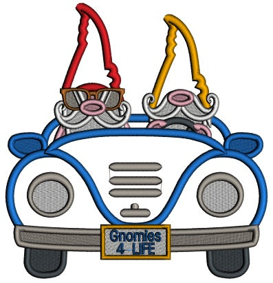 Two Gnomes Driving a Car Applique Machine Embroidery Design Digitized Pattern