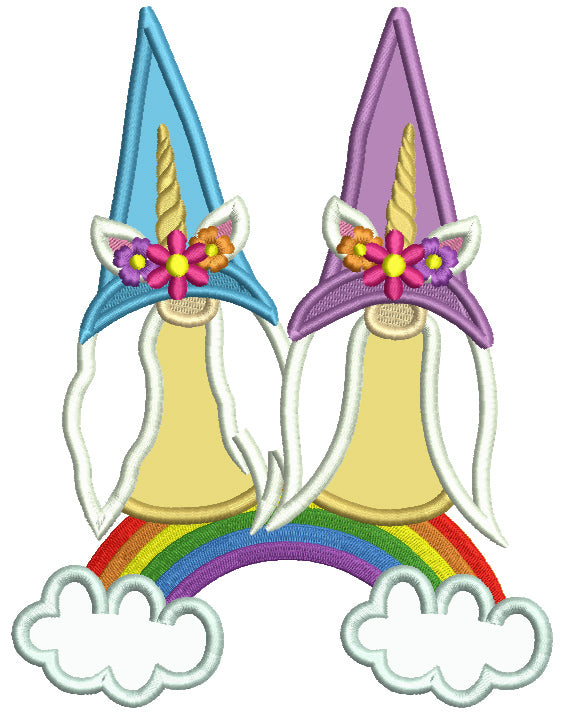 Two Gnomes Sitting On The Rainbow Applique Machine Embroidery Design Digitized Pattern