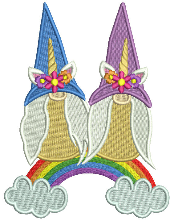 Two Gnomes Sitting On The Rainbow Filled Machine Embroidery Design Digitized Pattern