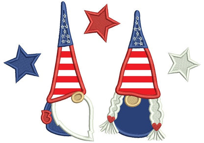 Two Gnomes Wearing American Hats 4th Of July Patriotic Applique Machine Embroidery Digitized Design Pattern