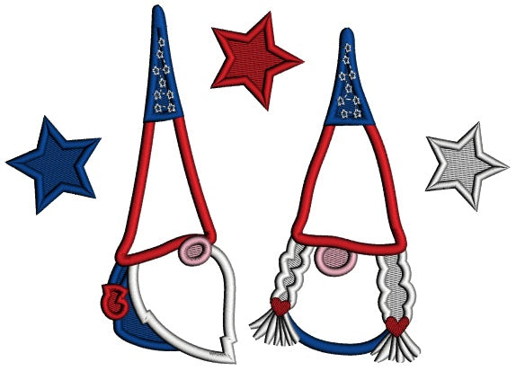 Two Gnomes Wearing American Hats 4th Of July Patriotic Applique Machine Embroidery Digitized Design Pattern