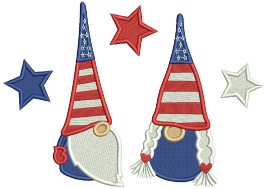 Two Gnomes Wearing American Hats 4th Of July Patriotic Filled Machine Embroidery Digitized Design Pattern