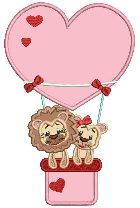 Two Lions In Love Flying a Heart Shaped Air Balloon Applique Machine Embroidery Design Digitized Pattern