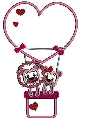 Two Lions In Love Flying a Heart Shaped Air Balloon Applique Machine Embroidery Design Digitized Pattern