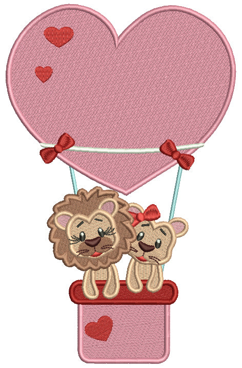 Two Lions In Love Flying a Heart Shaped Air Balloon Filled Machine Embroidery Design Digitized Pattern