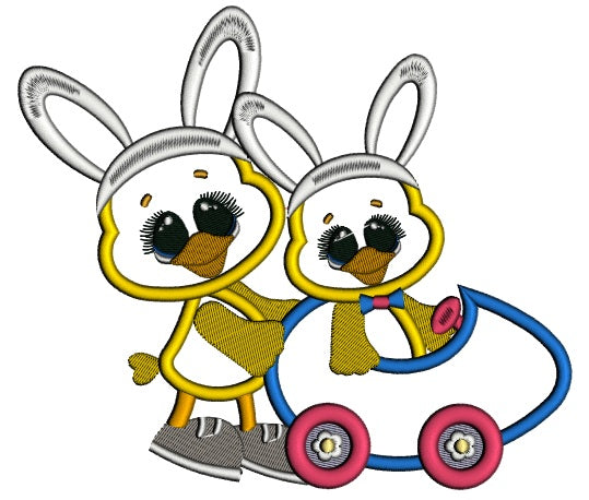 Two Little Chicks With Bunny Ears in a Car Easter Applique Machine Embroidery Design Digitized Pattern