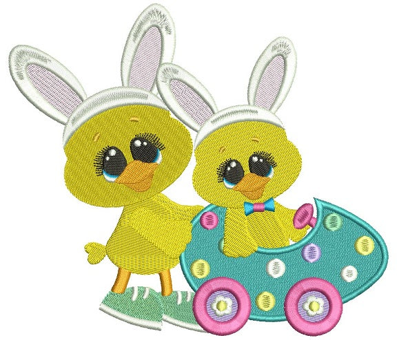 Two Little Chicks With Bunny Ears in a Car Easter Filled Machine Embroidery Design Digitized Pattern