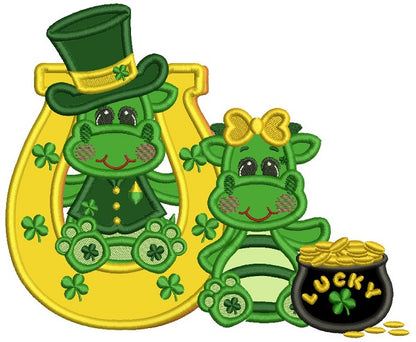 Two Lucky Dinos Horseshoe And Pot Of Gold Applique St. Patrick's Day Machine Embroidery Design Digitized Pattern