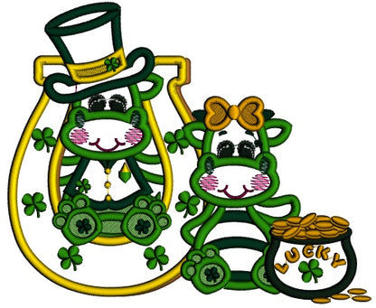 Two Lucky Dinos Horseshoe And Pot Of Gold Applique St. Patrick's Day Machine Embroidery Design Digitized Pattern