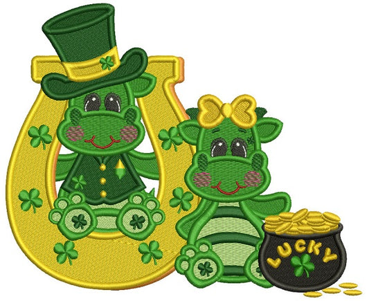 Two Lucky Dinos Horseshoe And Pot Of Gold Filled St. Patrick's Day Machine Embroidery Design Digitized Pattern