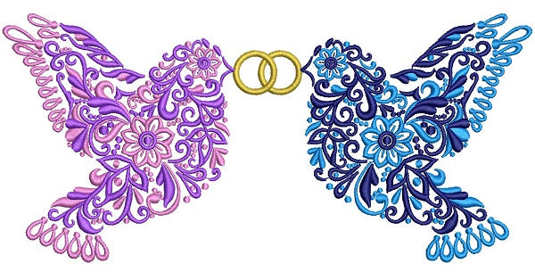 Two Ornate Doves Holding Wedding Rings Filled Machine Embroidery Design Digitized Pattern