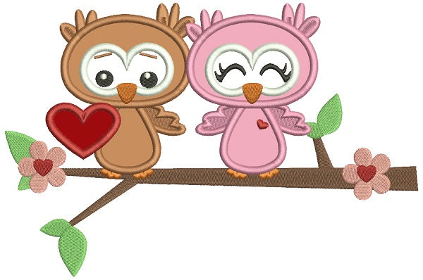 Two Owls In Love Sitting On The Branch Applique Machine Embroidery Design Digitized Pattern