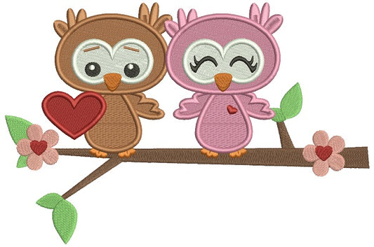Two Owls In Love Sitting On The Branch Filled Machine Embroidery Design Digitized Pattern