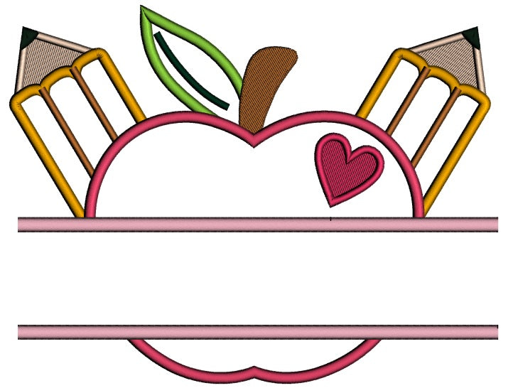 Two Pencils and an Apple School Applique Machine Embroidery Digitized Design Pattern
