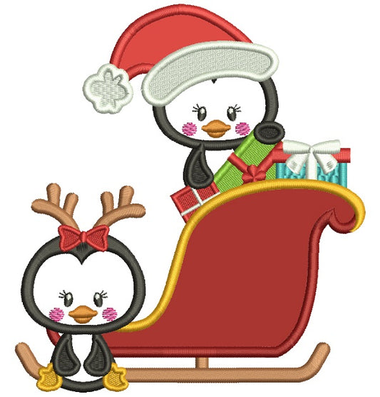 Two Penguins Sitting Inside Christmas Sleigh Applique Machine Embroidery Design Digitized Pattern