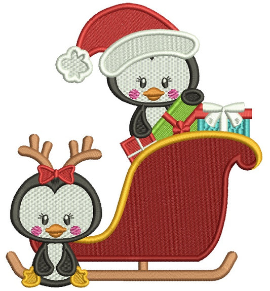 Two Penguins Sitting Inside Christmas Sleigh Filled Machine Embroidery Design Digitized Pattern