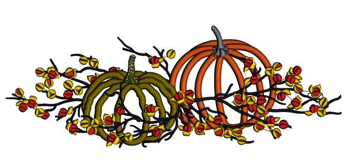 Two Pumpkins And Tree Branches Fall Applique Machine Embroidery Design Digitized Pattern