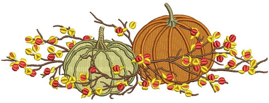 Two Pumpkins And Tree Branches Fall Filled Machine Embroidery Design Digitized Pattern