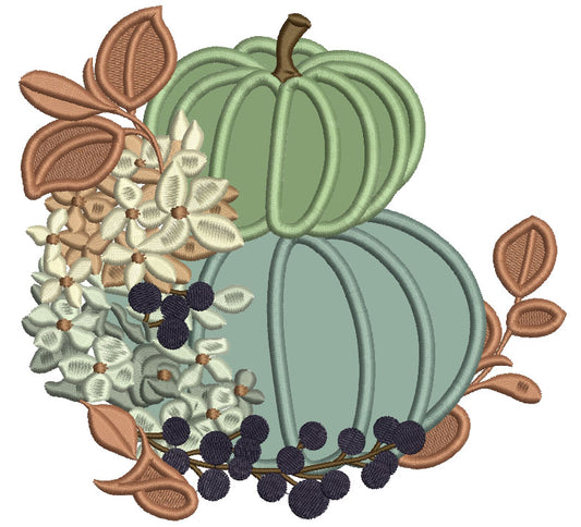 Two Pumpkins Leaves And Flowers Halloween Applique Machine Embroidery Design Digitized Pattern