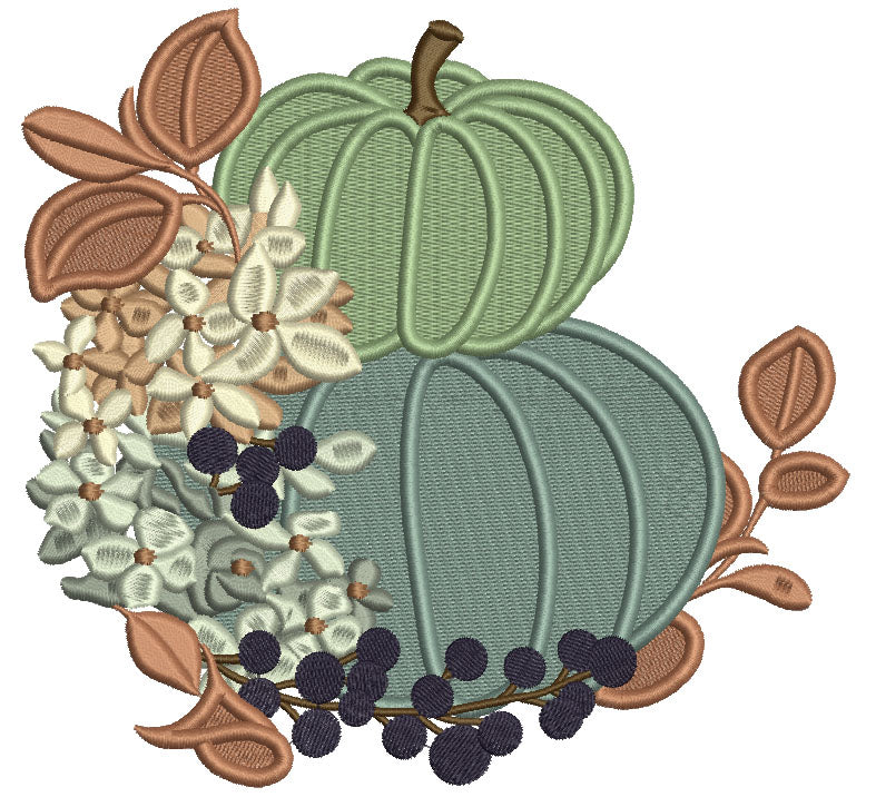 Two Pumpkins Leaves And Flowers Halloween Filled Machine Embroidery Design Digitized Pattern