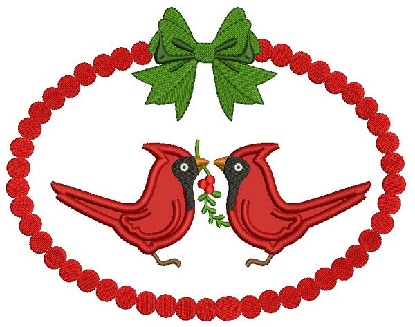 Two Red Robins Holding a Branch Christmas Applique Machine Embroidery Design Digitized Pattern