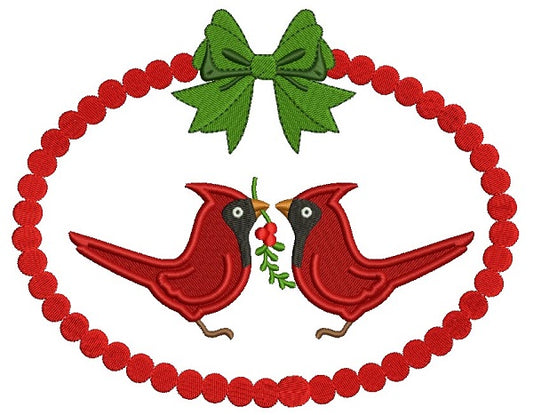 Two Red Robins Holding a Branch Christmas Filled Machine Embroidery Design Digitized Pattern